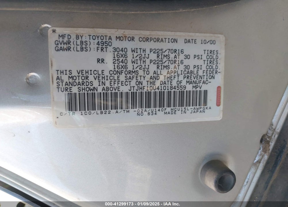 2001 LEXUS RX 300 VIN: JTJHF10U410184559