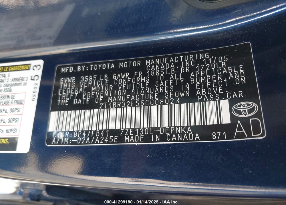 2006 TOYOTA COROLLA LE VIN: 2T1BR32E56C608023