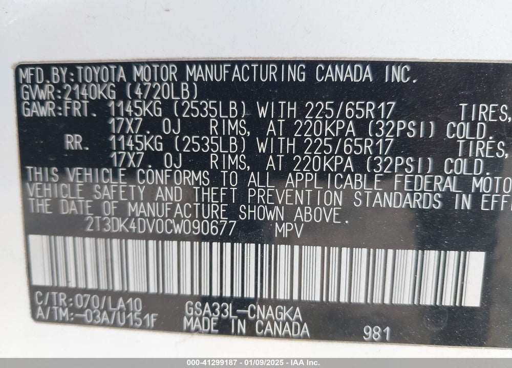 2012 TOYOTA RAV4 LIMITED V6 VIN: 2T3DK4DV0CW090677