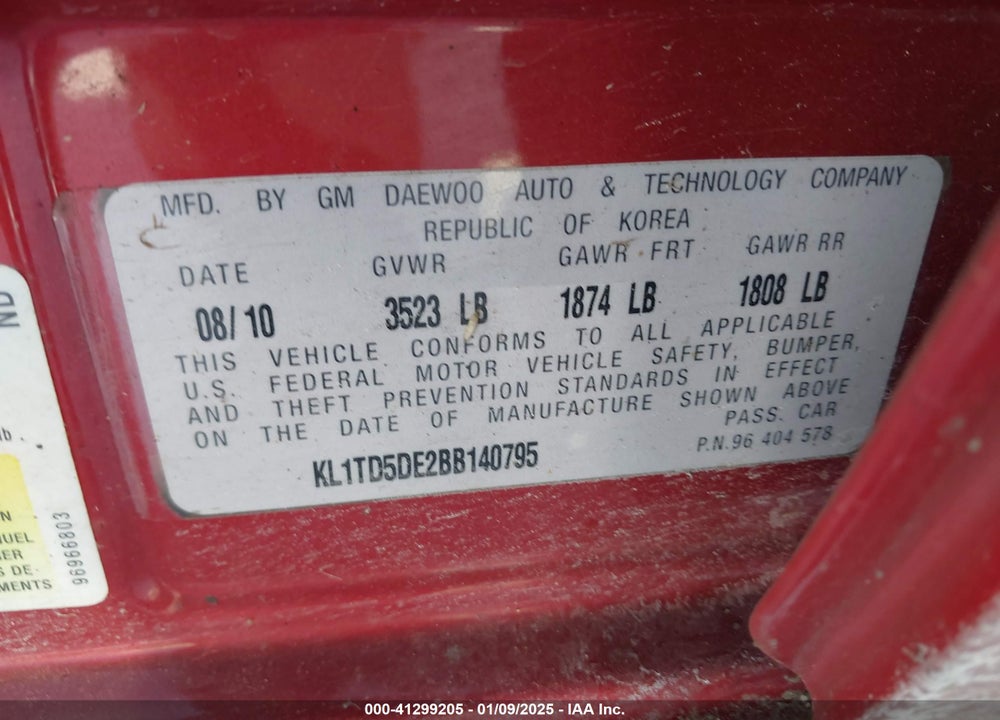 2011 CHEVROLET AVEO 1LT VIN: KL1TD5DE2BB140795