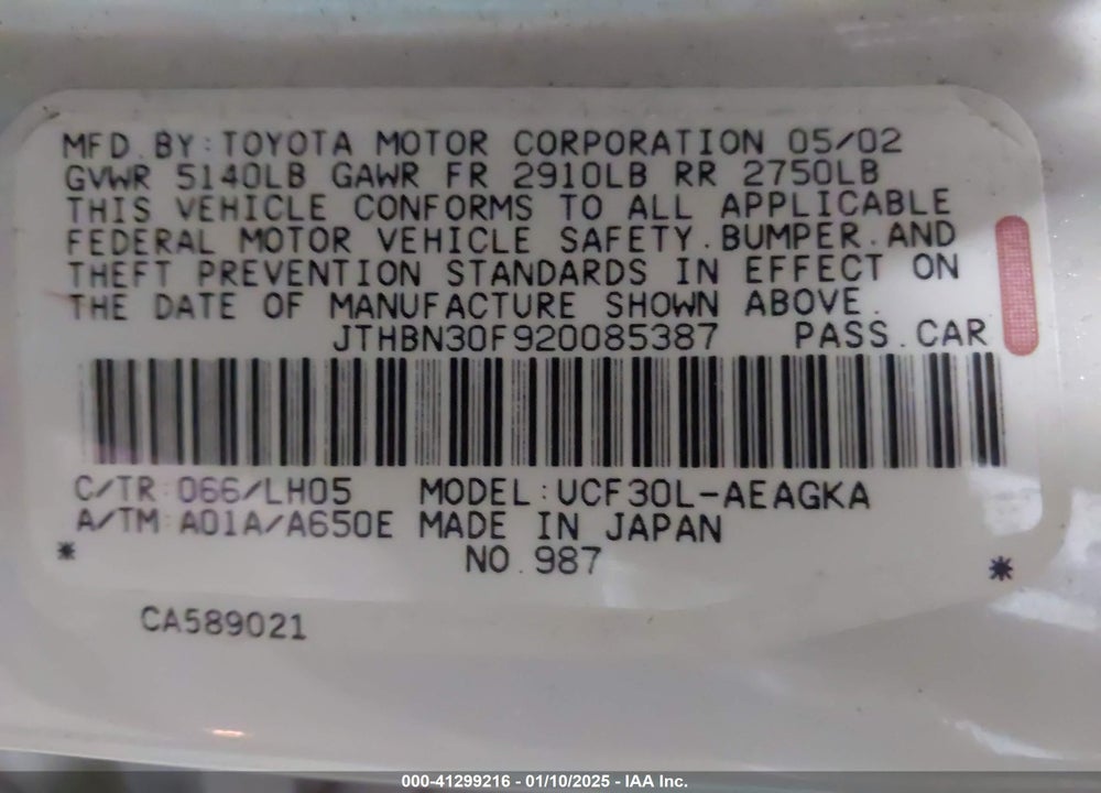2002 LEXUS LS 430 VIN: JTHBN30F920085387