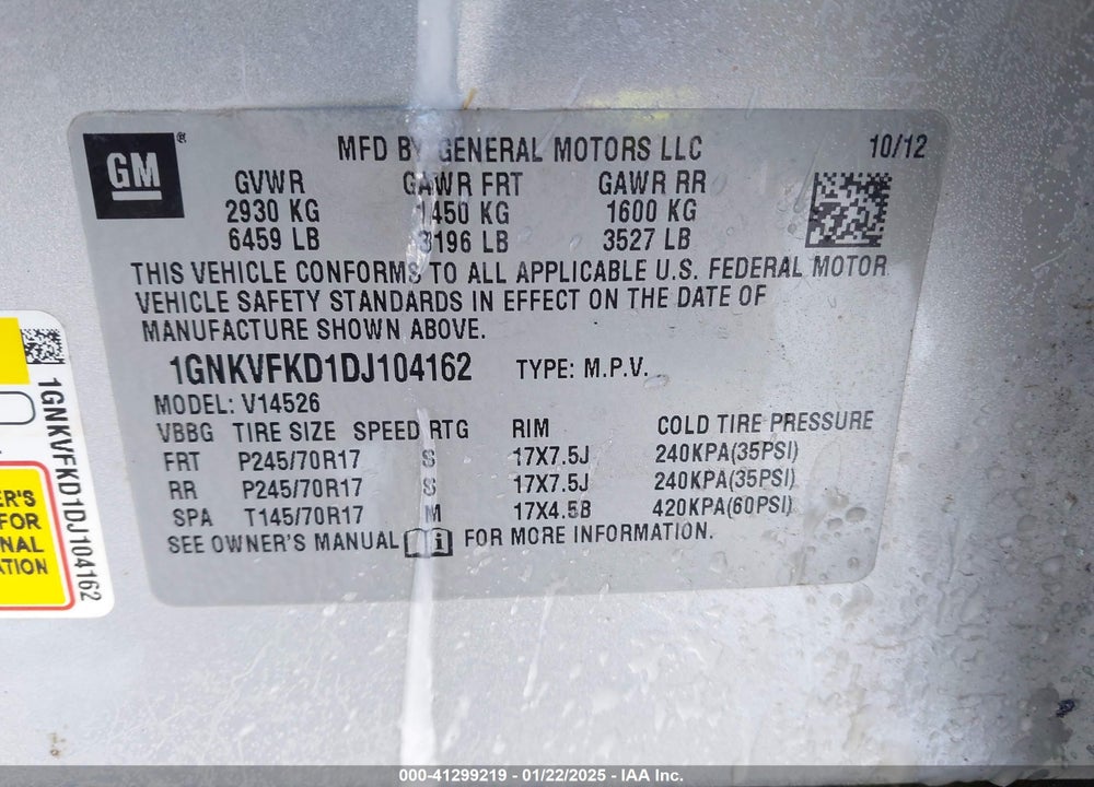 2013 CHEVROLET TRAVERSE LS VIN: 1GNKVFKD1DJ104162