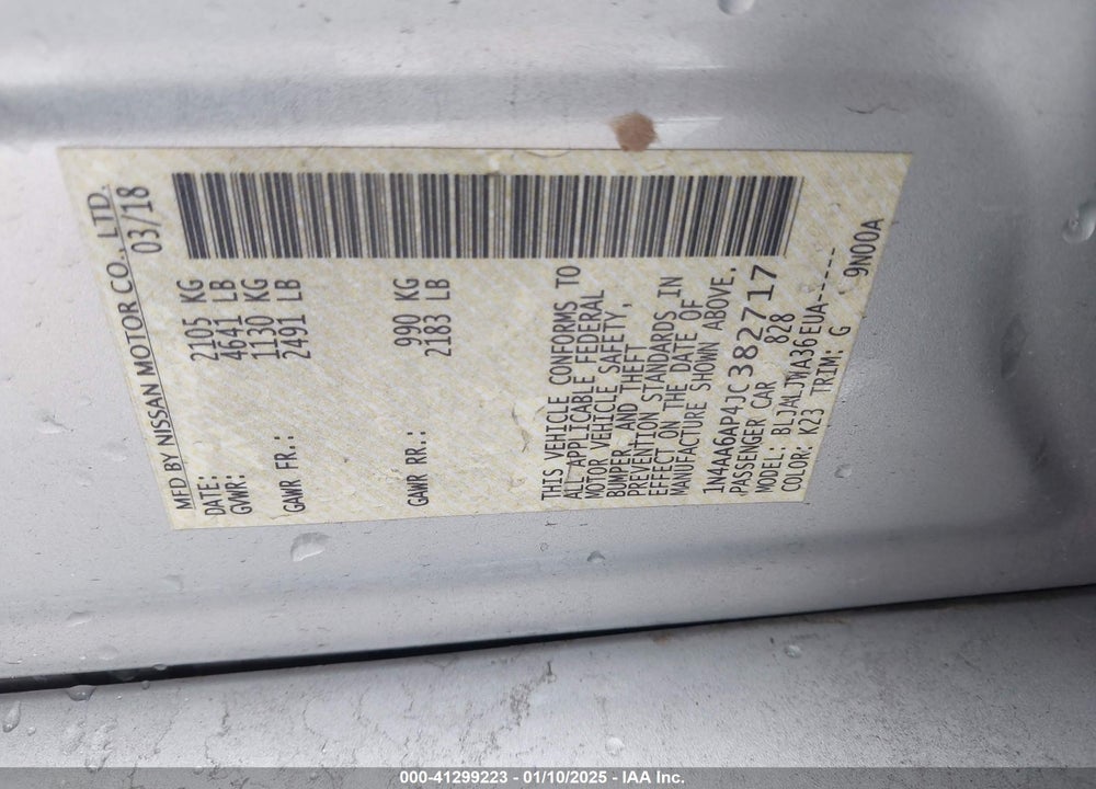 2018 NISSAN MAXIMA VIN: 1N4AA6AP4JC382717