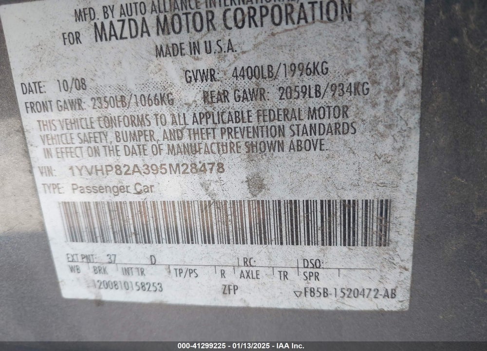 2009 MAZDA MAZDA6 VIN: 1YVHP82A395M28478