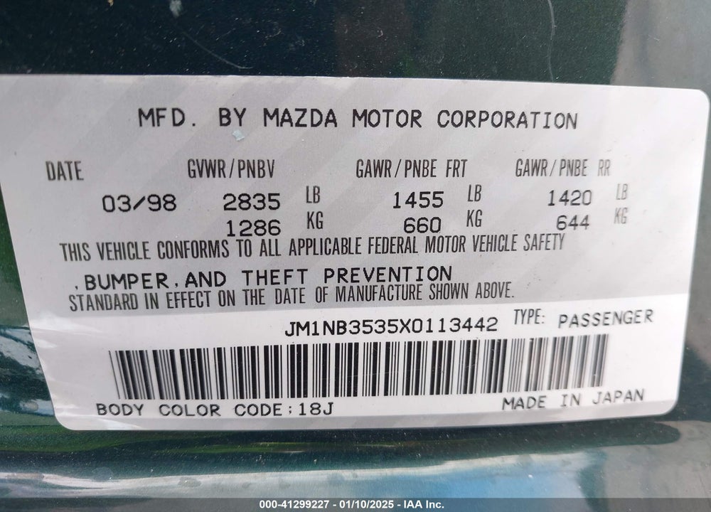 1999 MAZDA MX-5 MIATA LEATHER PKG/POPULAR EQUIPMENT PKG/SPORTS PKG/TOURING PKG VIN: JM1NB3535X0113442