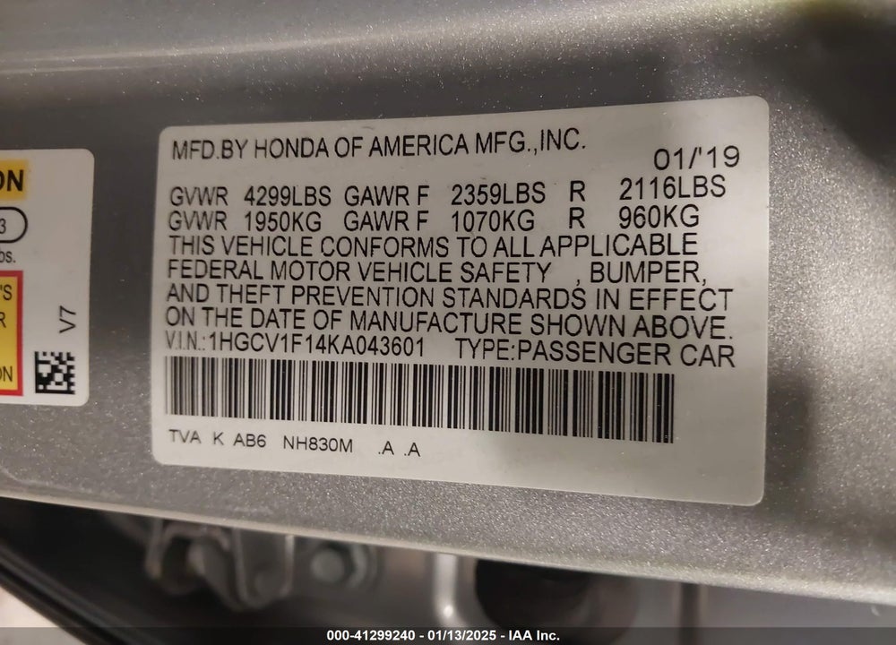 2019 HONDA ACCORD LX VIN: 1HGCV1F14KA043601