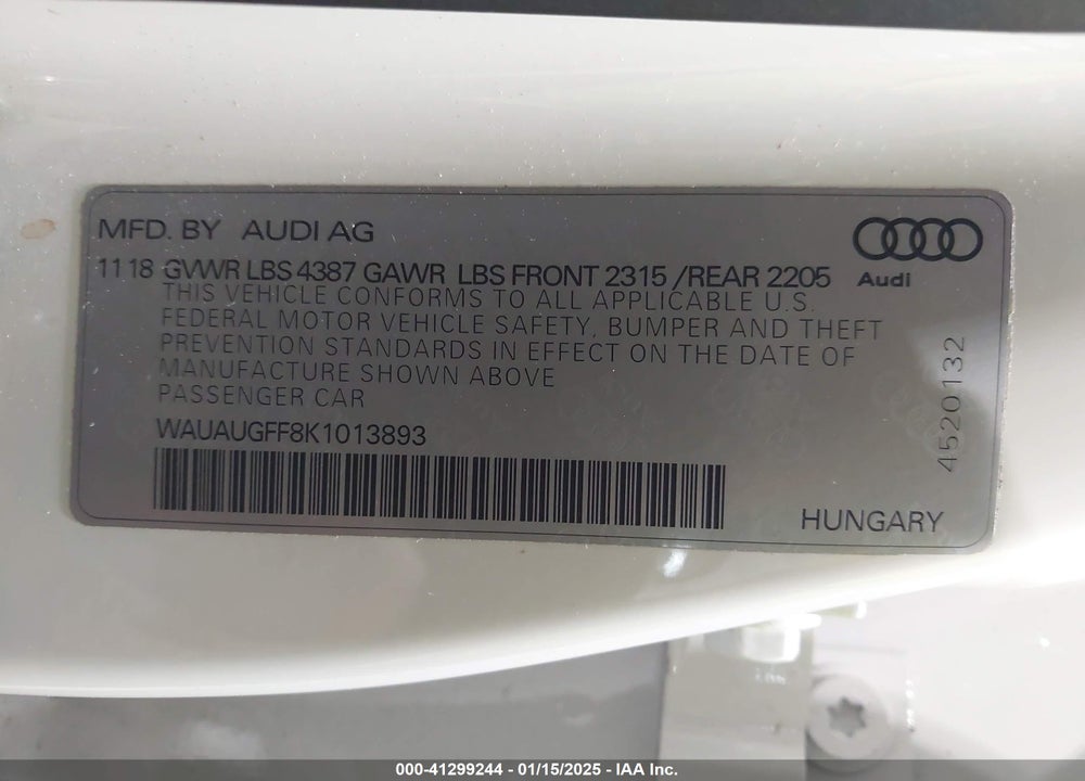 2019 AUDI A3 40 PREMIUM/40 TITANIUM PREMIUM VIN: WAUAUGFF8K1013893