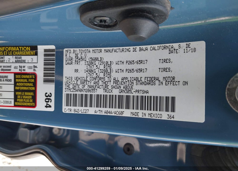 2019 TOYOTA TACOMA VIN: 3TMCZ5AN0KM206557