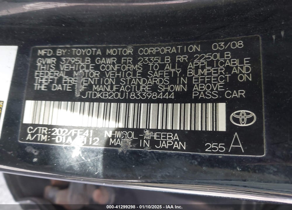 2008 TOYOTA PRIUS VIN: JTDKB20U183398444