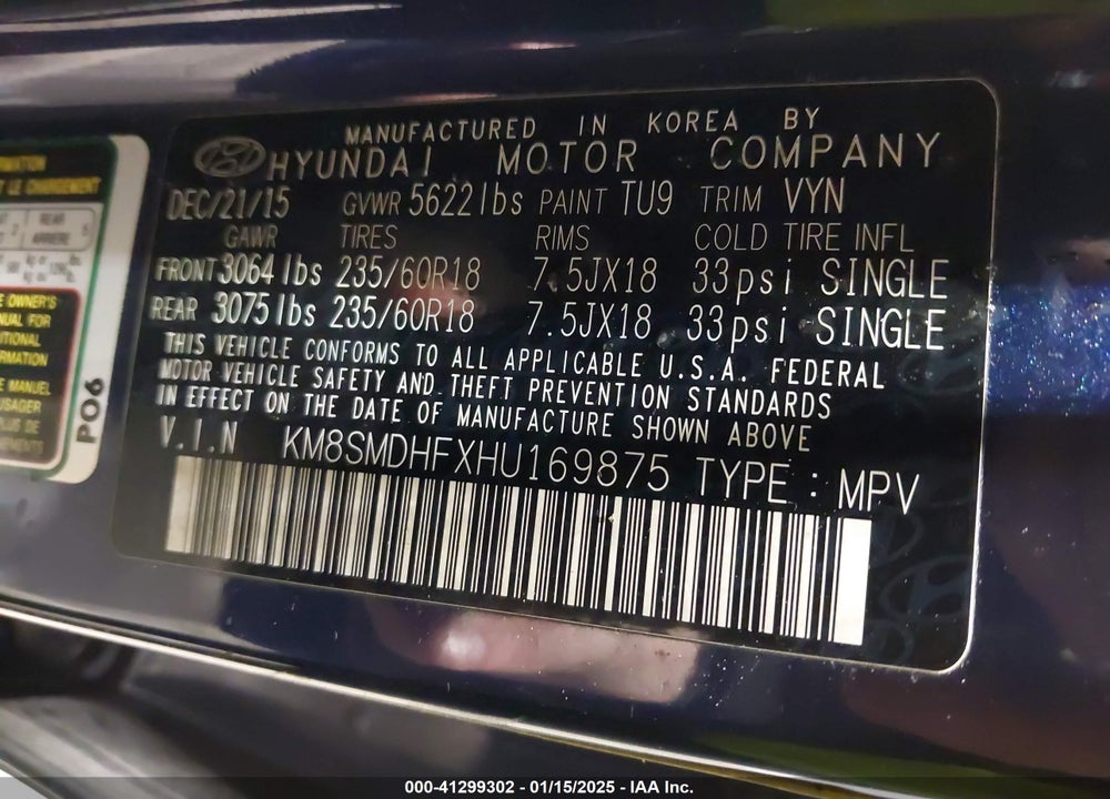 2017 HYUNDAI SANTA FE SE VIN: KM8SMDHFXHU169875