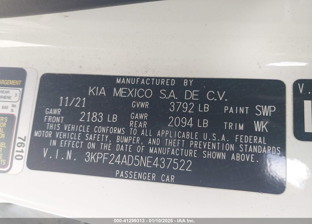 2022 KIA FORTE LXS VIN: 3KPF24AD5NE437522