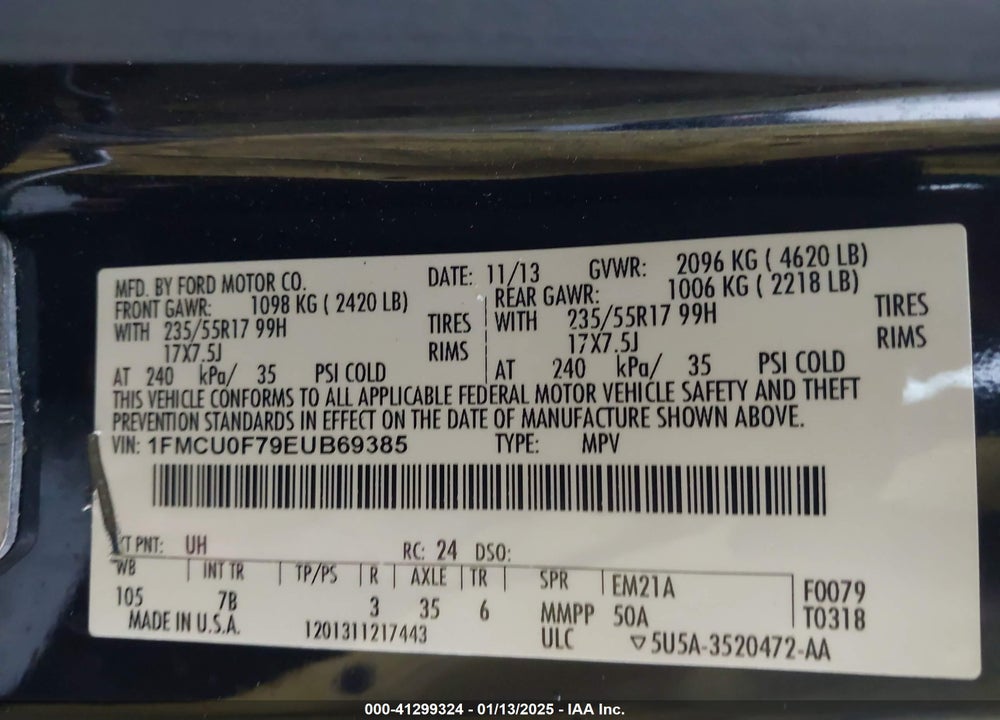 2014 FORD ESCAPE S VIN: 1FMCU0F79EUB69385