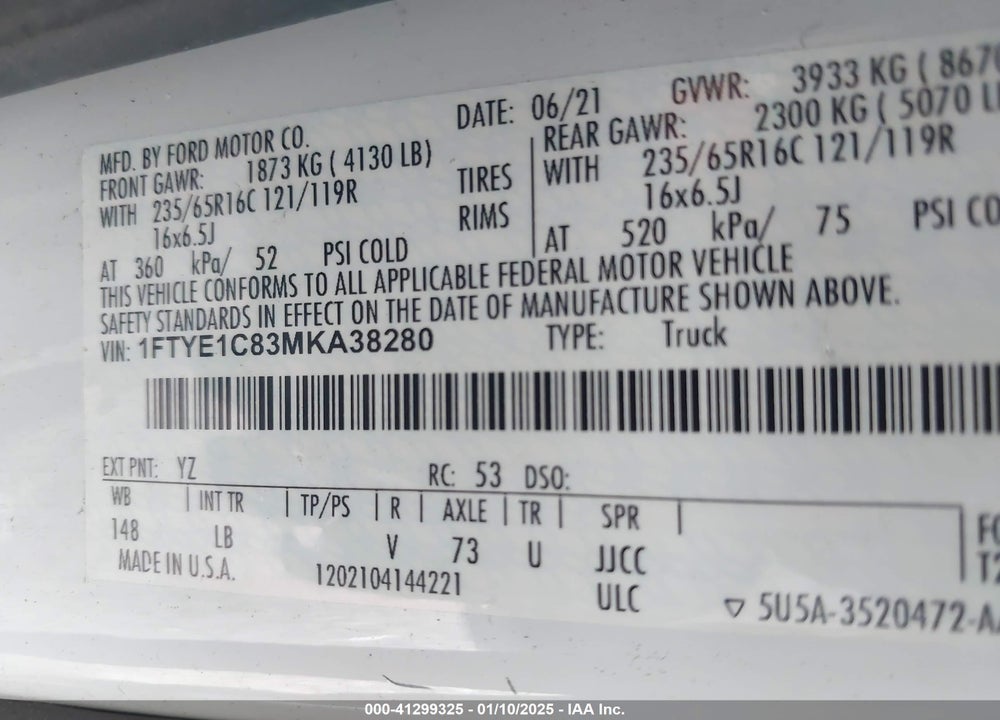 2021 FORD TRANSIT-150 VIN: 1FTYE1C83MKA38280