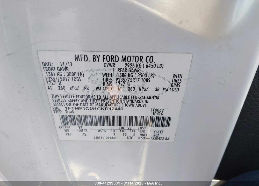 2012 FORD F-150 XL VIN: 1FTMF1CM1CKD12440