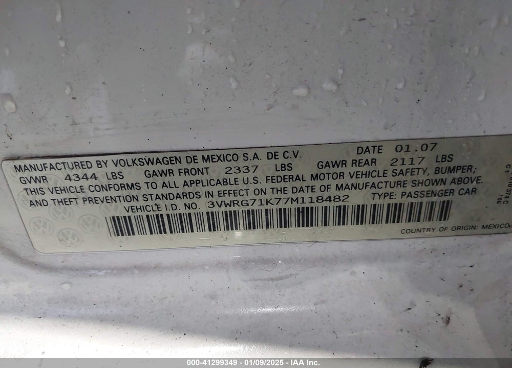 2007 VOLKSWAGEN JETTA 2.5 VIN: 3VWRG71K77M118482