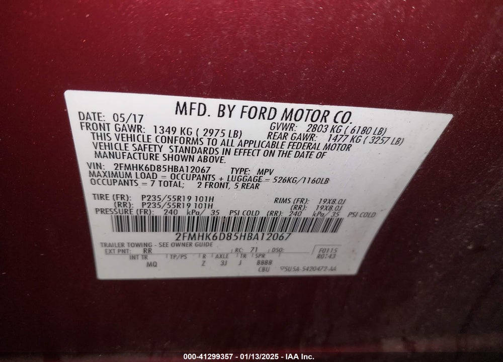 2017 FORD FLEX LIMITED VIN: 2FMHK6D85HBA12067