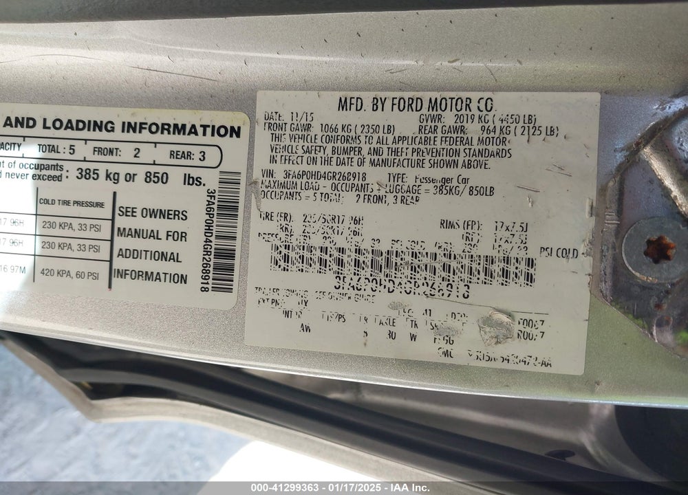 2016 FORD FUSION VIN: 3FA6P0HD4GR268918