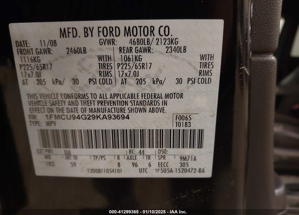 2009 FORD ESCAPE LIMITED VIN: 1FMCU94G29KA93694