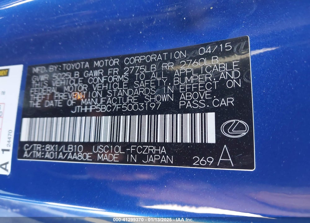 2015 LEXUS RC-F VIN: JTHHP5BC7F5003197