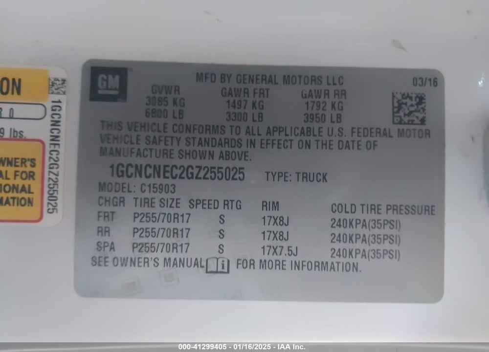 2016 CHEVROLET SILVERADO 1500 VIN: 1GCNCNEC2GZ255025