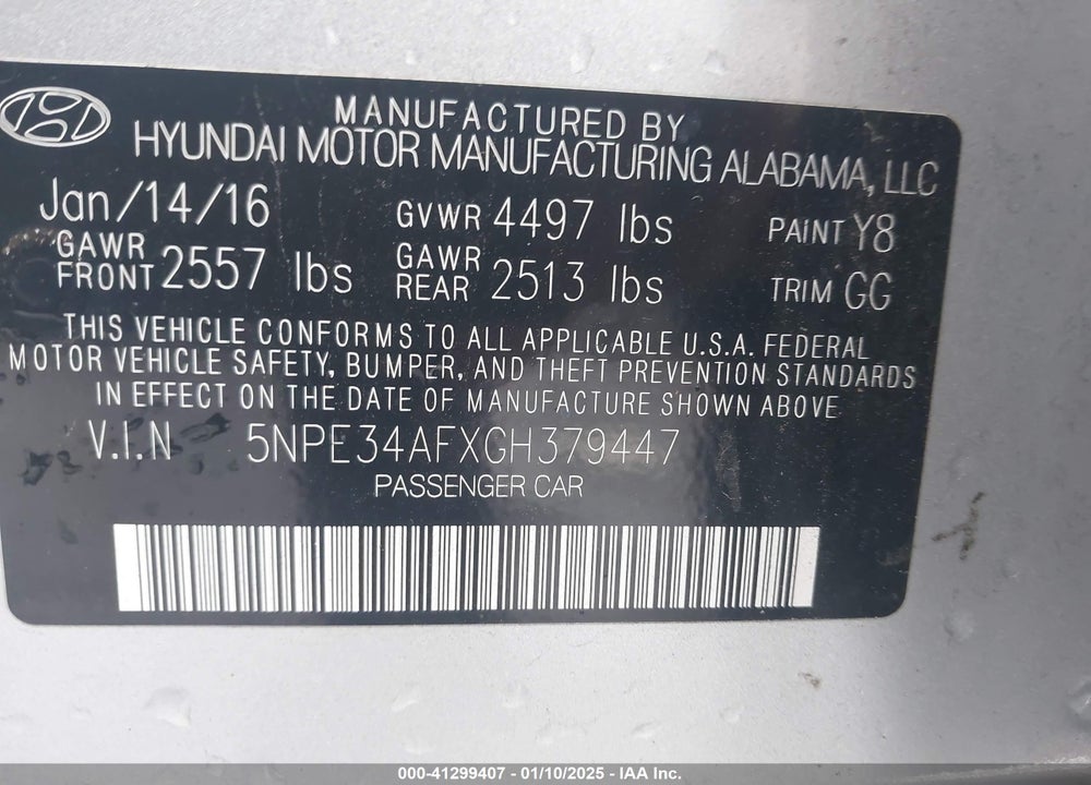 2016 HYUNDAI SONATA VIN: 5NPE34AFXGH379447