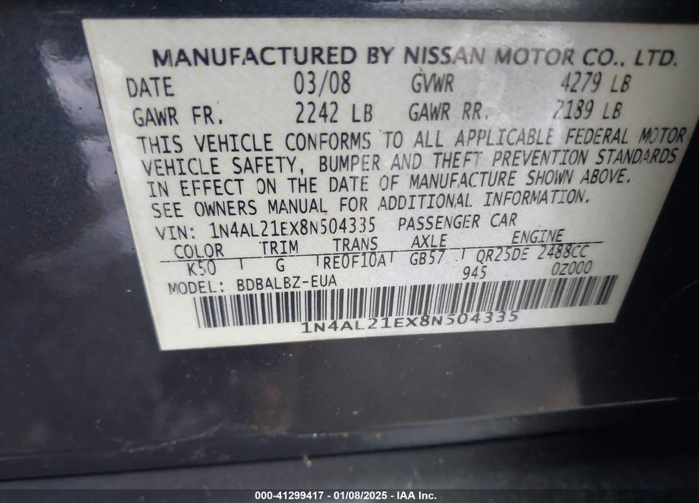 2008 NISSAN ALTIMA 2.5 S VIN: 1N4AL21EX8N504335