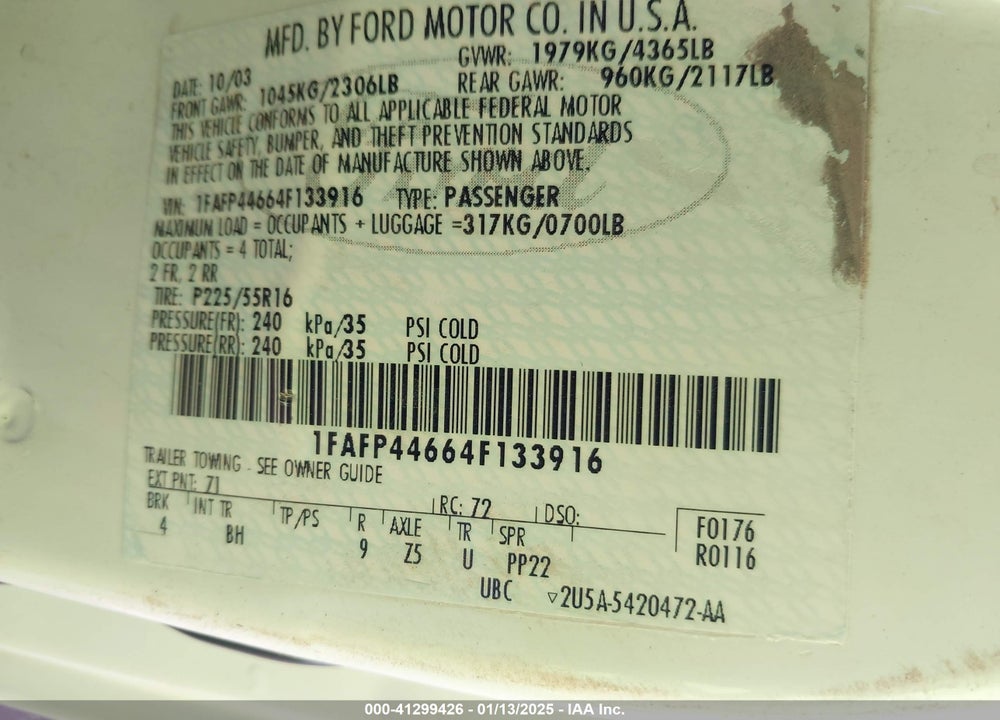 2004 FORD MUSTANG VIN: 1FAFP44664F133916