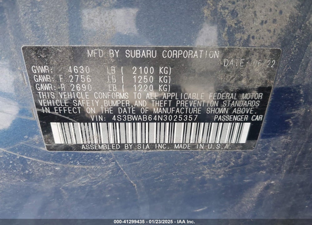 2022 SUBARU LEGACY VIN: 4S3BWAB64N3025357