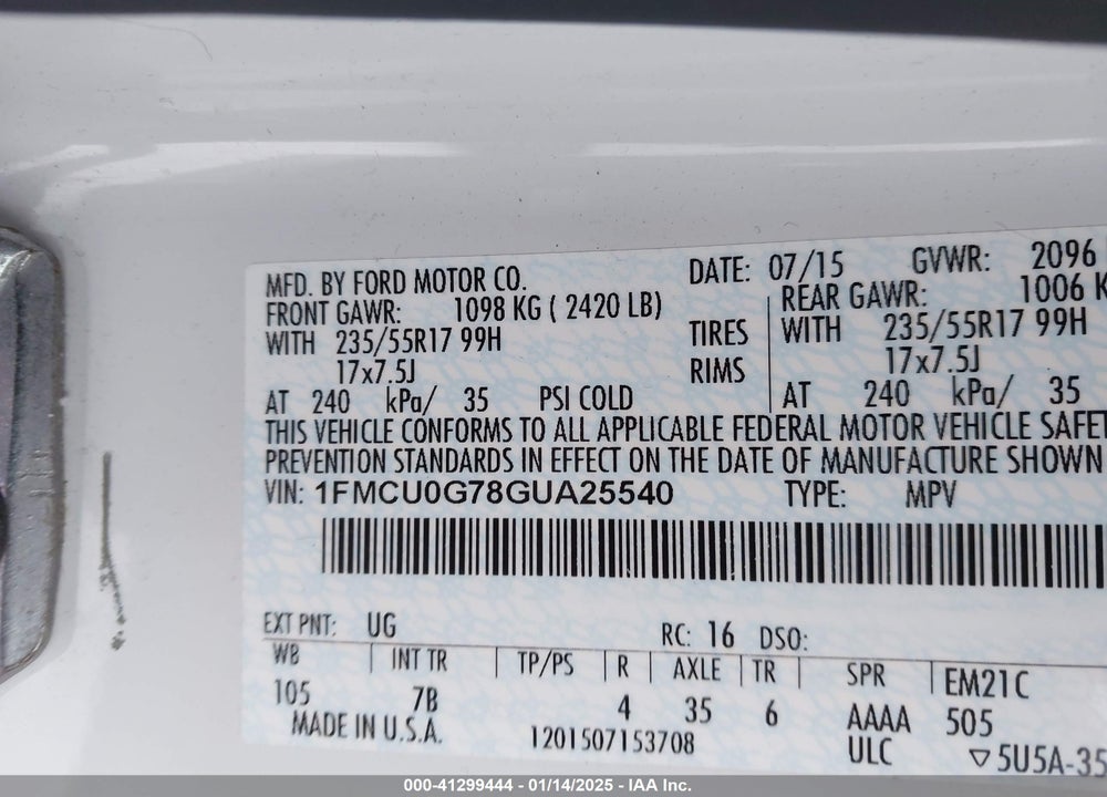2016 FORD ESCAPE SE VIN: 1FMCU0G78GUA25540