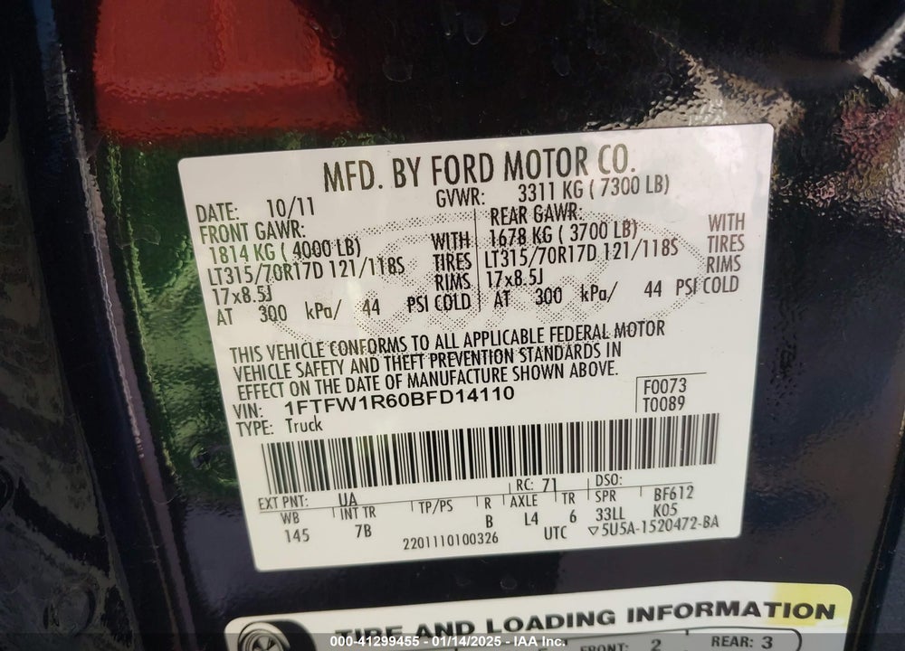 2011 FORD F-150 SVT RAPTOR VIN: 1FTFW1R60BFD14110