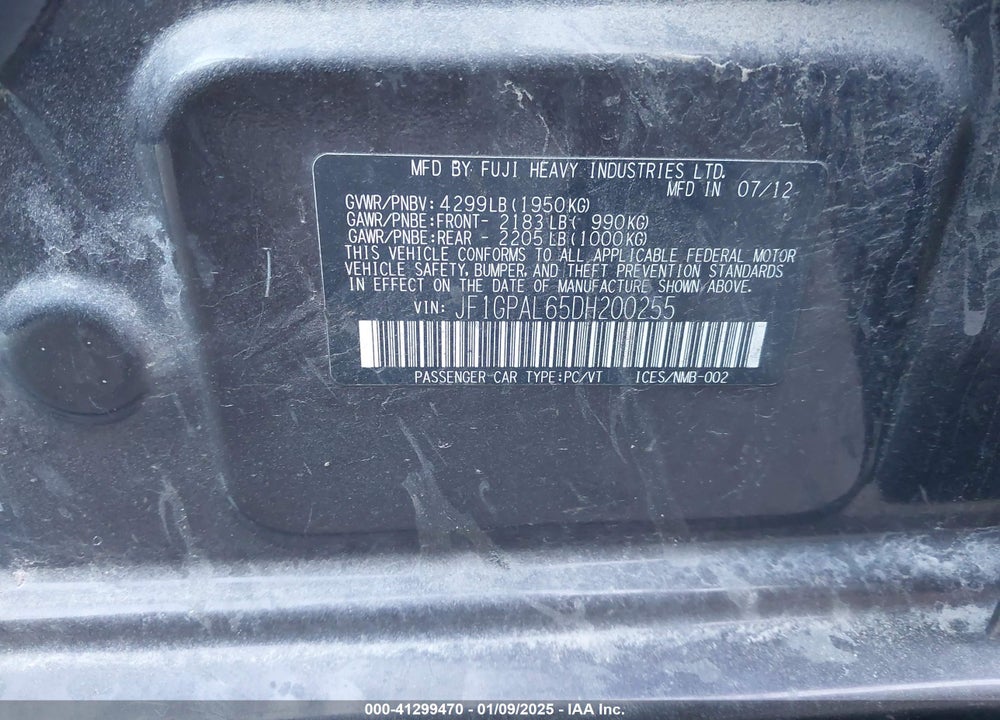 2013 SUBARU IMPREZA VIN: JF1GPAL65DH200255
