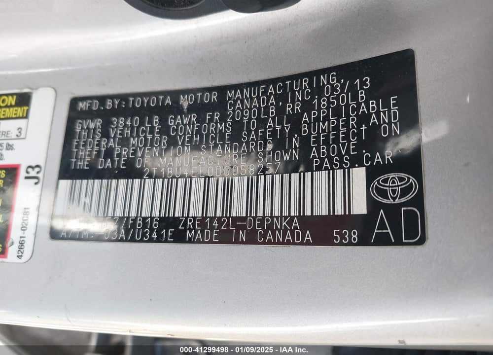 2013 TOYOTA COROLLA LE VIN: 2T1BU4EE0DC058257