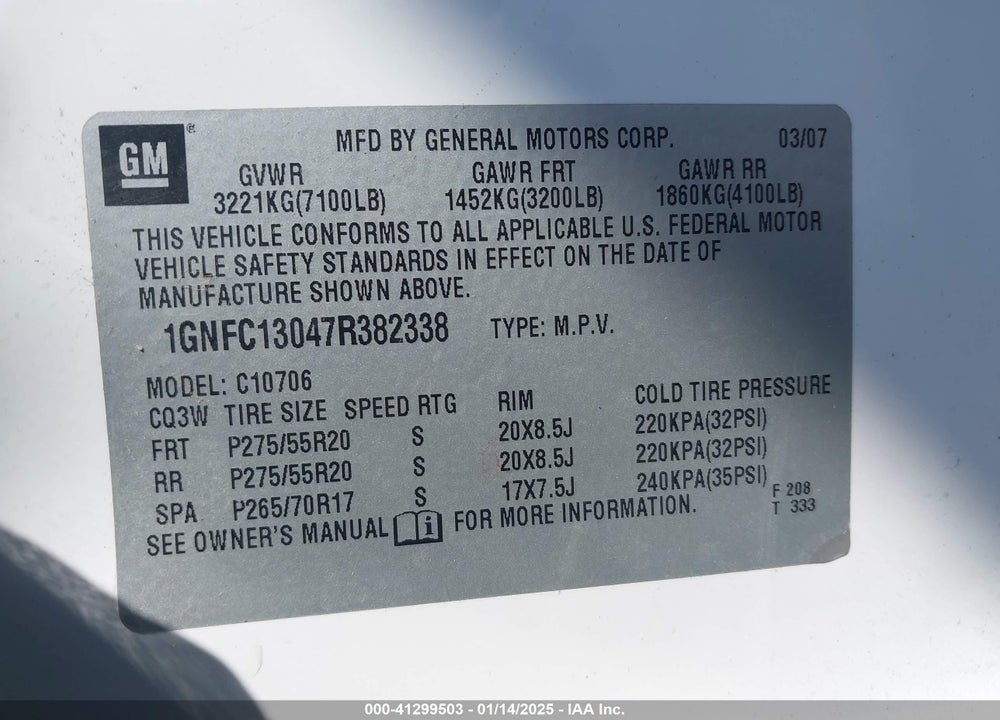 2007 CHEVROLET TAHOE LT VIN: 1GNFC13047R382338