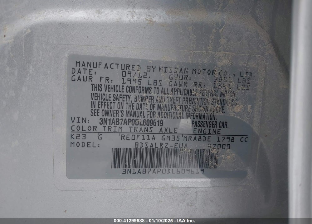 2013 NISSAN SENTRA VIN: 3N1AB7AP0DL609619