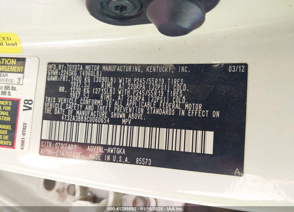 2012 TOYOTA VENZA LE VIN: 4T3ZA3BB9CU060654