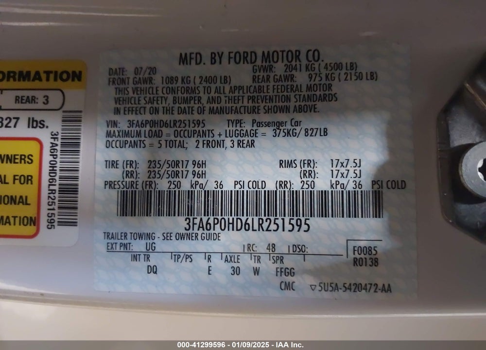 2020 FORD FUSION VIN: 3FA6P0HD6LR251595
