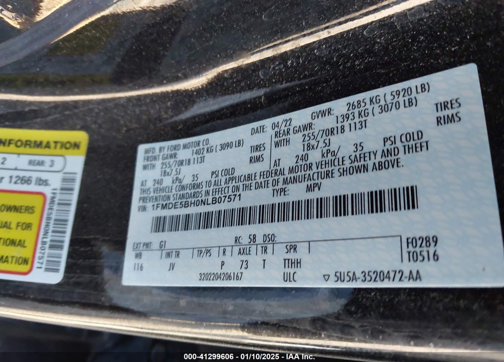2022 FORD BRONCO OUTER BANKS VIN: 1FMDE5BH0NLB07571