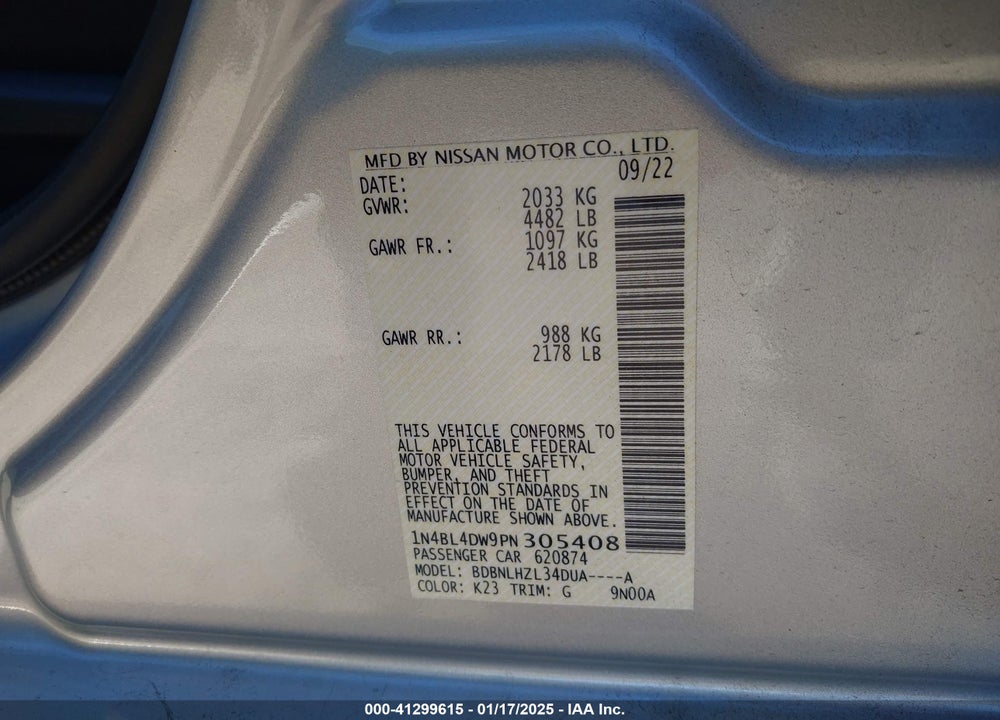 2023 NISSAN ALTIMA VIN: 1N4BL4DW9PN305408