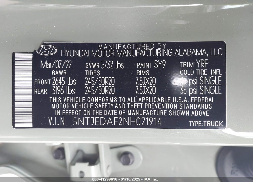 2022 HYUNDAI SANTA CRUZ VIN: 5NTJEDAF2NH021914