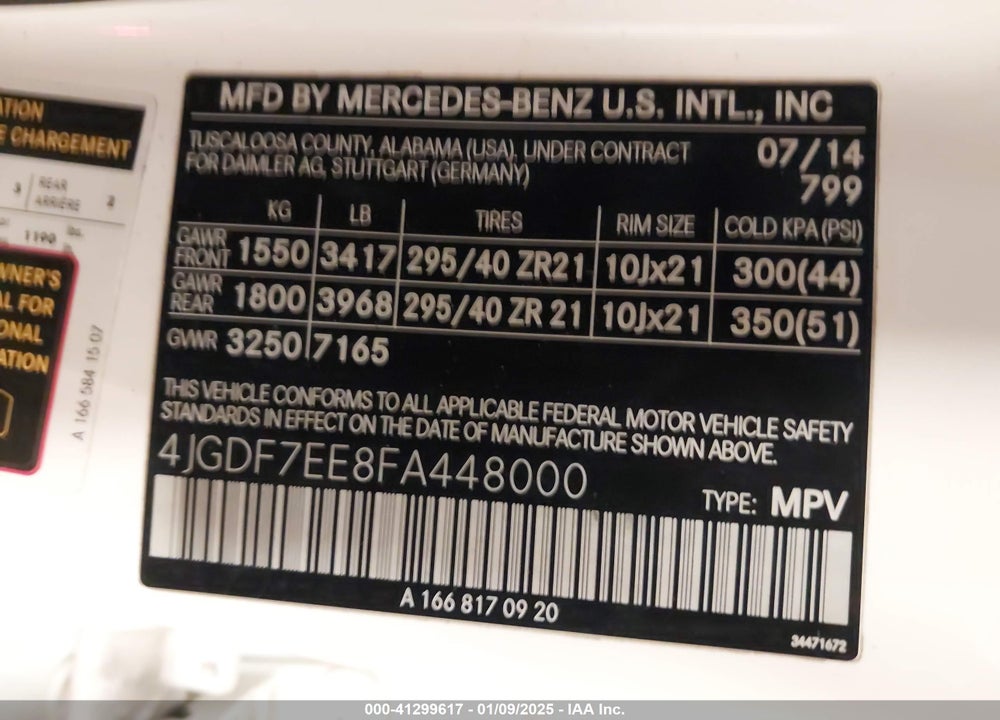 2015 MERCEDES-BENZ GL 63 AMG 4MATIC VIN: 4JGDF7EE8FA448000