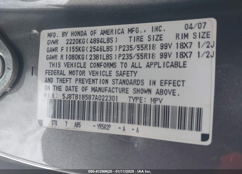 2007 ACURA RDX VIN: 5J8TB18587A022301