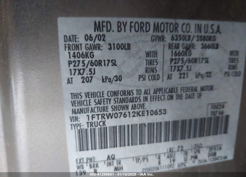 2002 FORD F-150 LARIAT/XLT VIN: 1FTRW07612KE10653