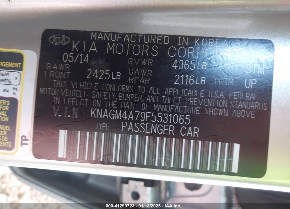 2015 KIA OPTIMA VIN: KNAGM4A79F5531065