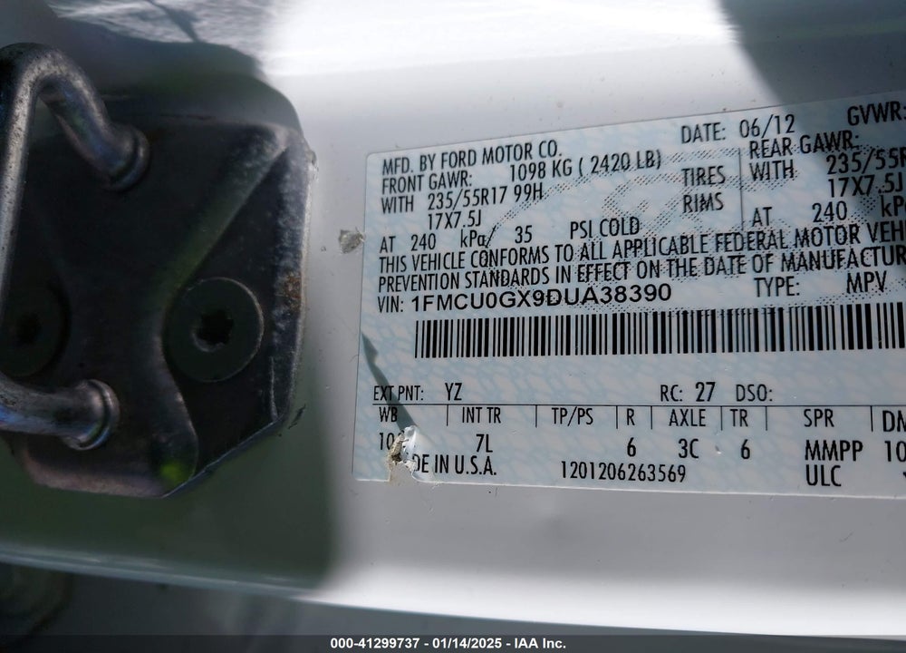 2013 FORD ESCAPE SE VIN: 1FMCU0GX9DUA38390