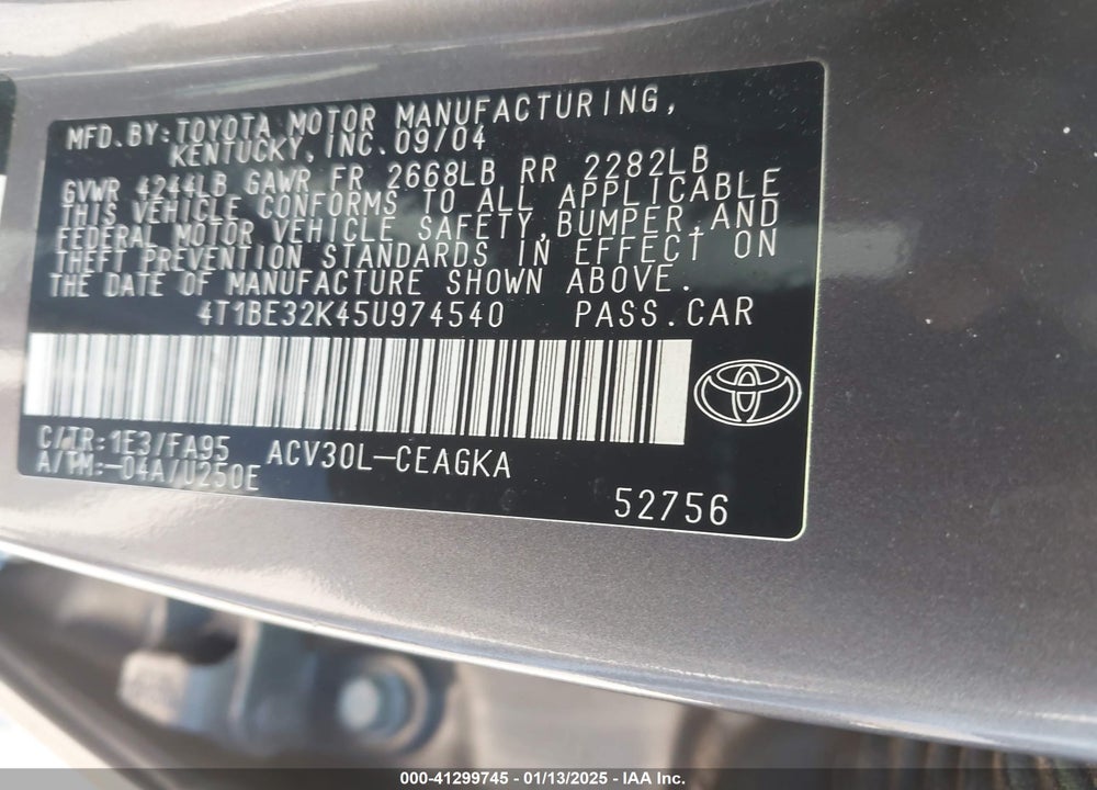 2005 TOYOTA CAMRY XLE VIN: 4T1BE32K45U974540