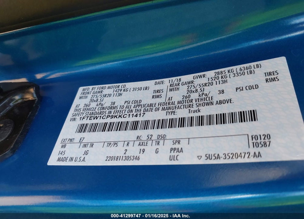 2019 FORD F-150 VIN: 1FTEW1CP9KKC11417