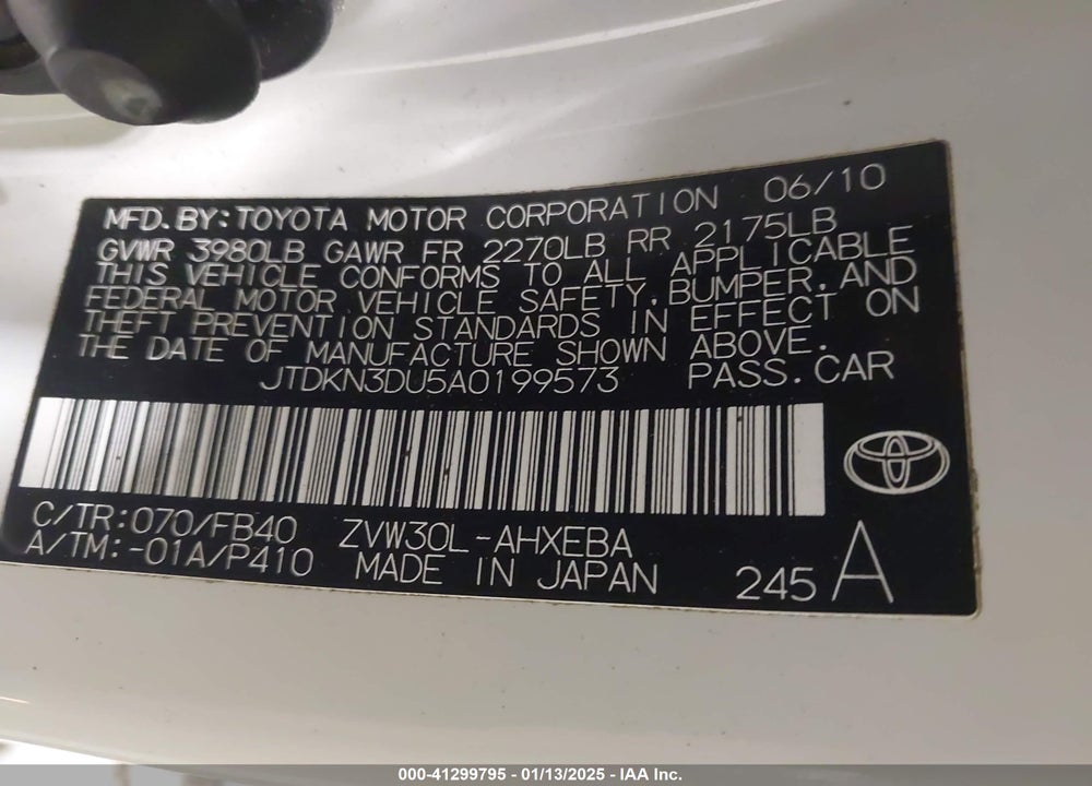 2010 TOYOTA PRIUS II VIN: JTDKN3DU5A0199573
