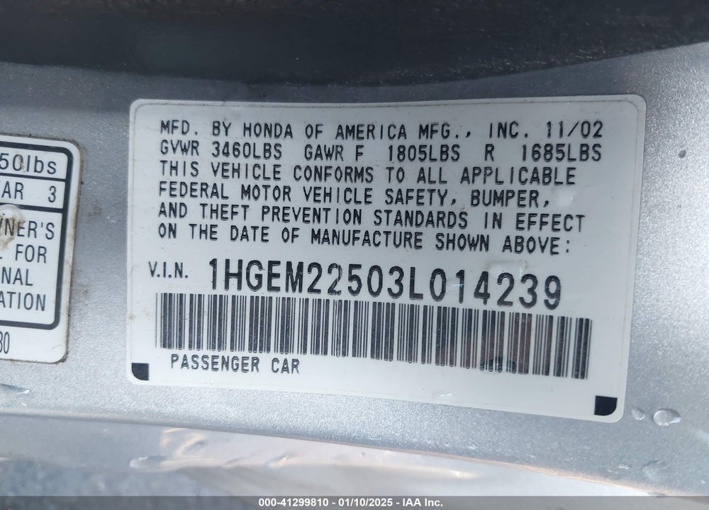 2003 HONDA CIVIC LX VIN: 1HGEM22503L014239