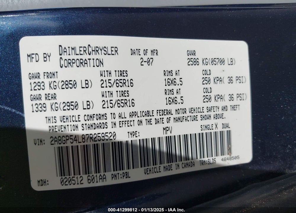 2007 CHRYSLER TOWN & COUNTRY TOURING VIN: 2A8GP54L87R259520