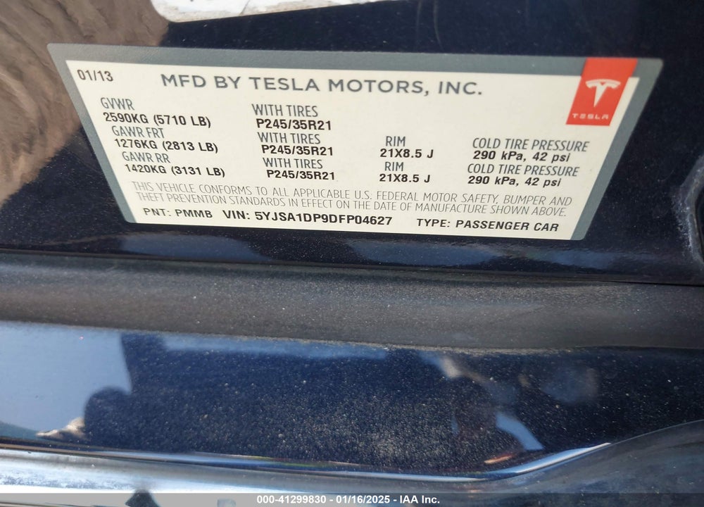 2013 TESLA MODEL S VIN: 5YJSA1DP9DFP04627